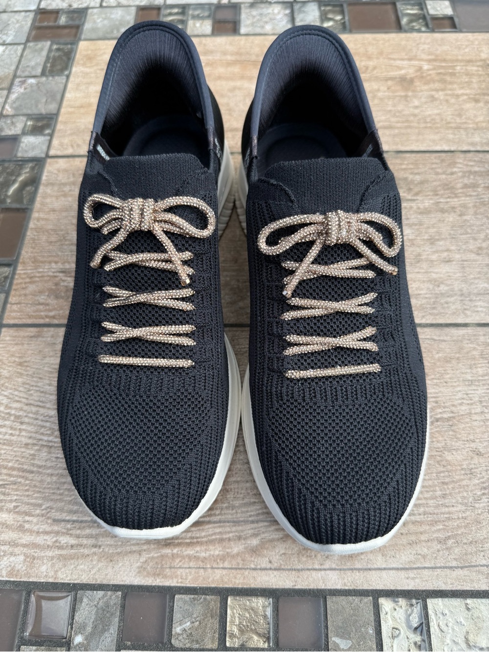 Skechers Women’s Ultra Flex Cosmic Black Slip-On Sneakers with Metallic Laces - Picture 1 of 7